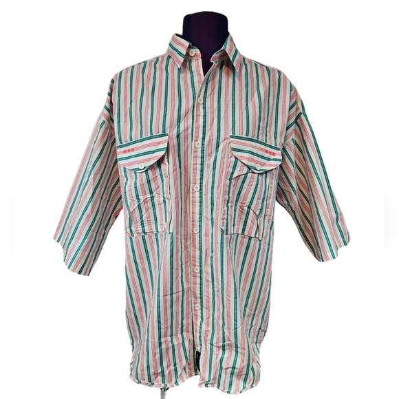 Vintage 80s Columbia Neon Striped Radical Sleeve Button Front Shirt Large J65 - Picture 2 of 13